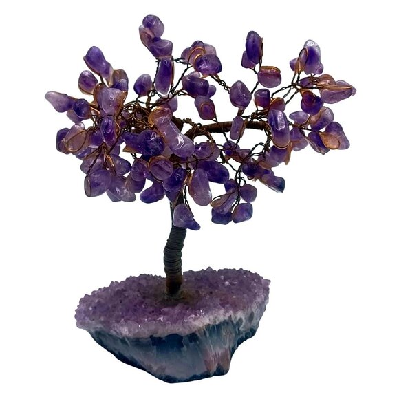 Handmade Amethyst Gemstone Bonsai Tree Of Life W/ Purple Crystal Geode Base - Picture 4 of 8